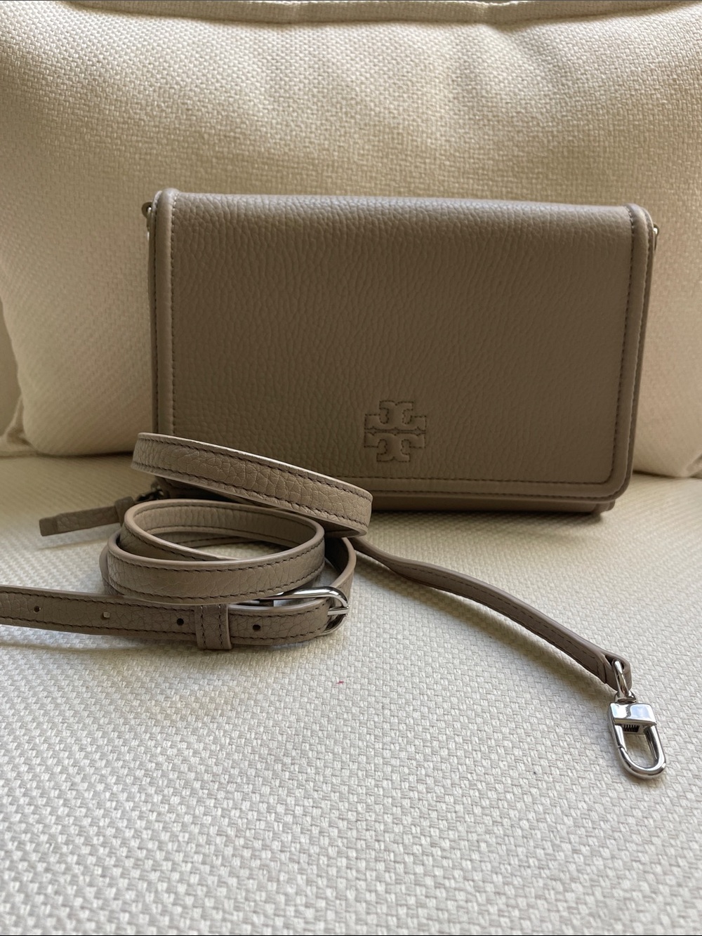 Tory Burch Taupe Pebbled Leather Crossbody Shoulder Bag - Picture 13 of 13
